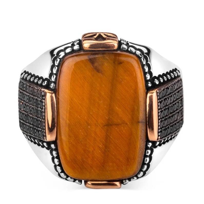New European and American personalized retro double -color male ring tiger eye stone ring jewelry jewelry