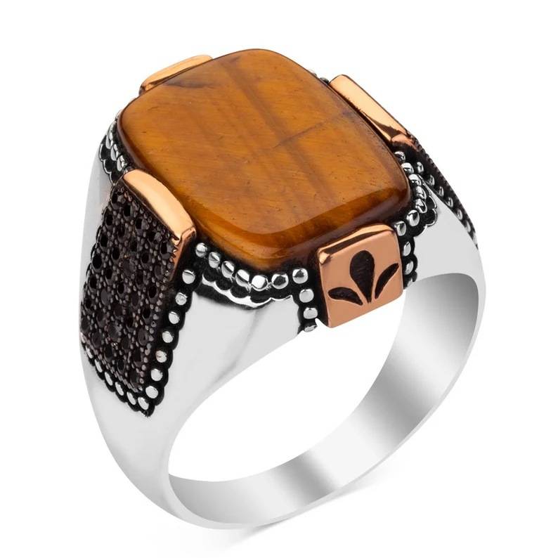New European and American personalized retro double -color male ring tiger eye stone ring jewelry jewelry