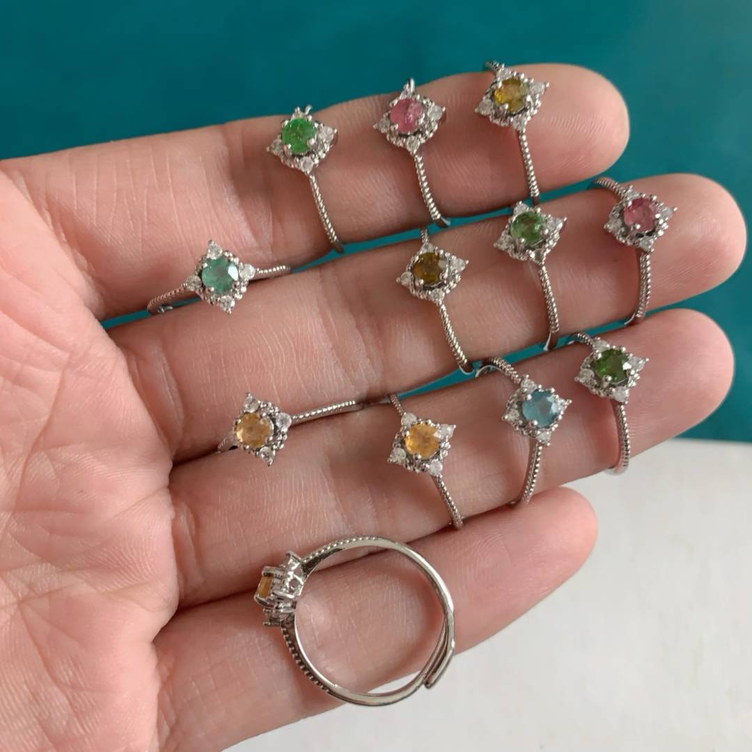 Natural tourmaline ring women's white copper trap live mouth simple and fashionable all -round ring crystal color treasure jewelry