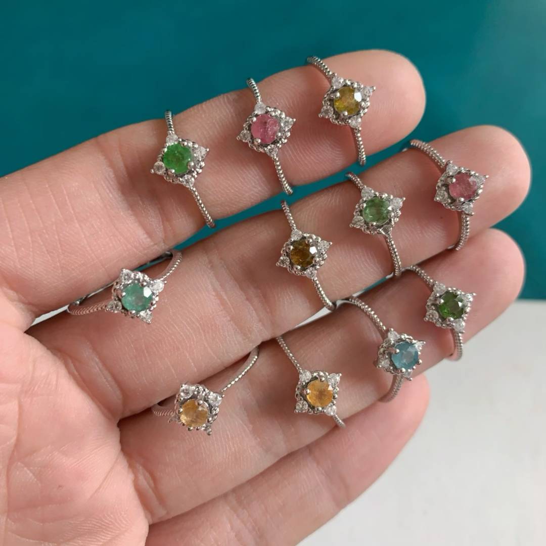 Natural tourmaline ring women's white copper trap live mouth simple and fashionable all -round ring crystal color treasure jewelry