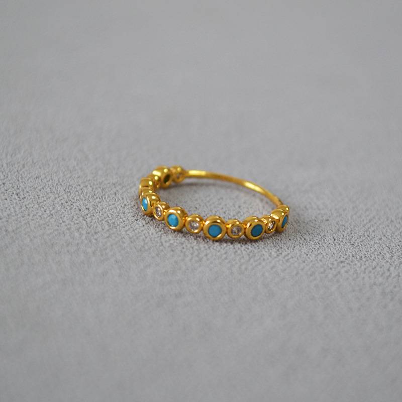 Simple and exquisite brass plating inlaid with blue pine vermiculite fine ring, food finger ring, personality temperament woman