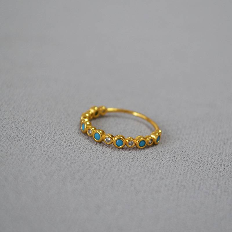 Simple and exquisite brass plating inlaid with blue pine vermiculite fine ring, food finger ring, personality temperament woman
