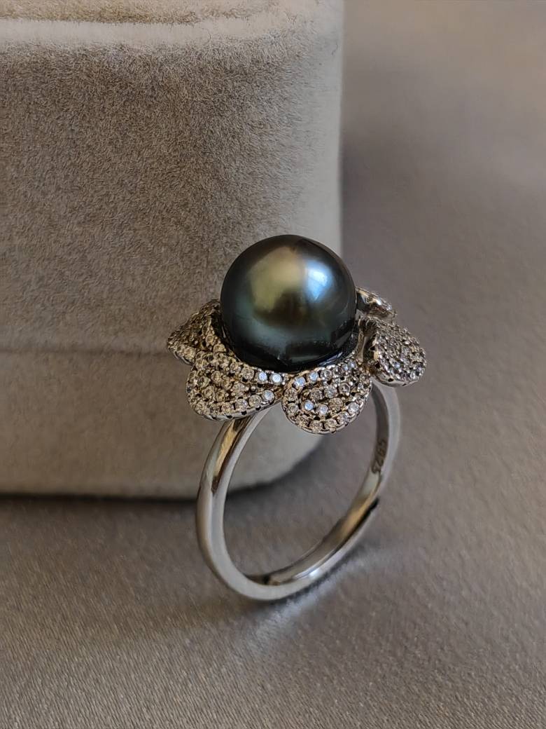 Large leaky ultra -oily 10mm black green Daxi Black Pearl 925 Silver Microlasses Sunflower Ring is almost no time