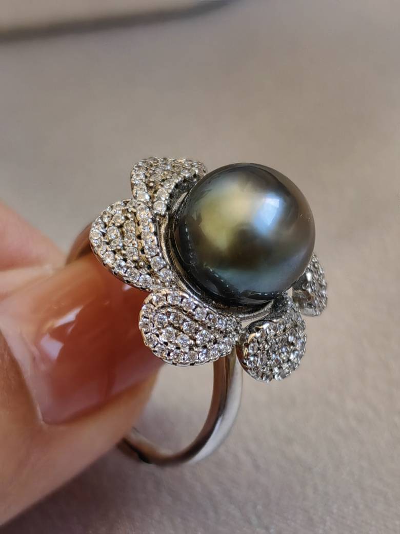 Large leaky ultra -oily 10mm black green Daxi Black Pearl 925 Silver Microlasses Sunflower Ring is almost no time