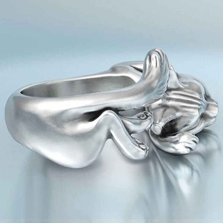 Wish hot -selling Thai silver black cat totem ring European and American export simple kitten opening rings