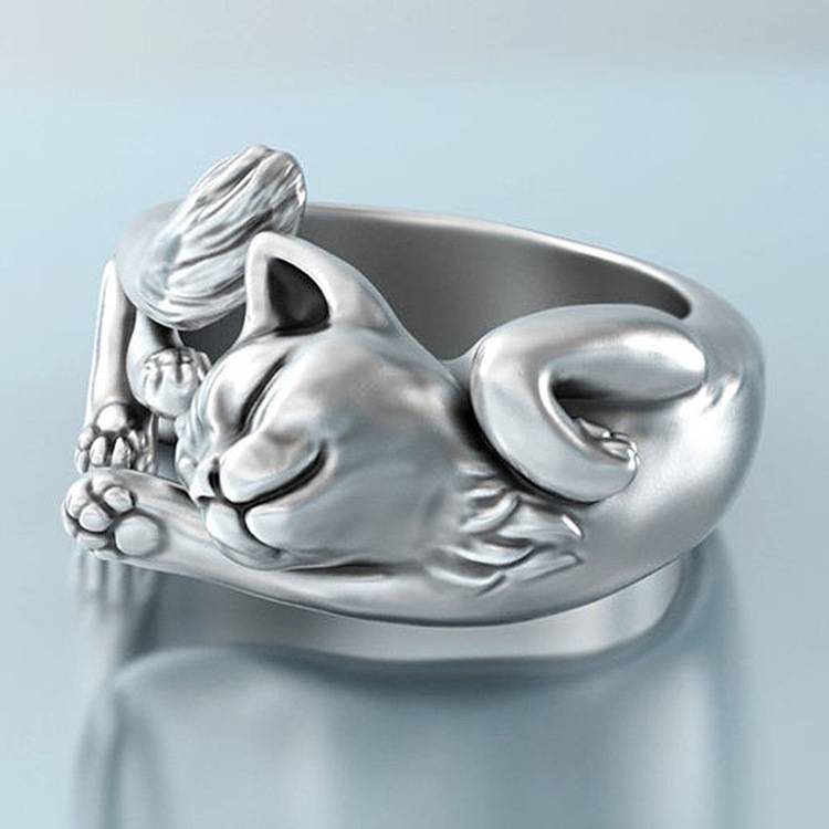 Wish hot -selling Thai silver black cat totem ring European and American export simple kitten opening rings