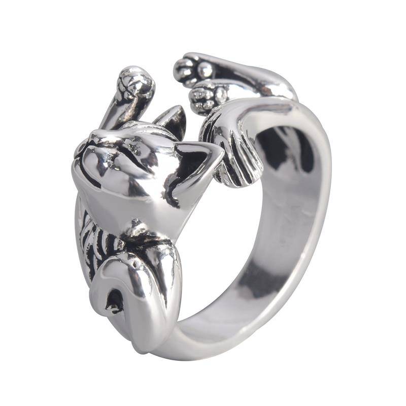 Wish hot -selling Thai silver black cat totem ring European and American export simple kitten opening rings