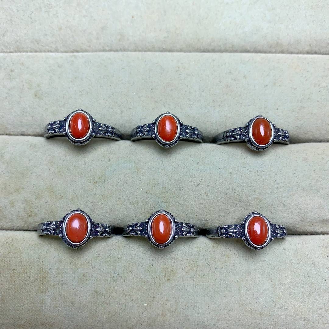 Natural Baoshan South Red Agate Ring Men and Women's Retro persimmons Red Simple Copper Too Live Fashion Jewelry