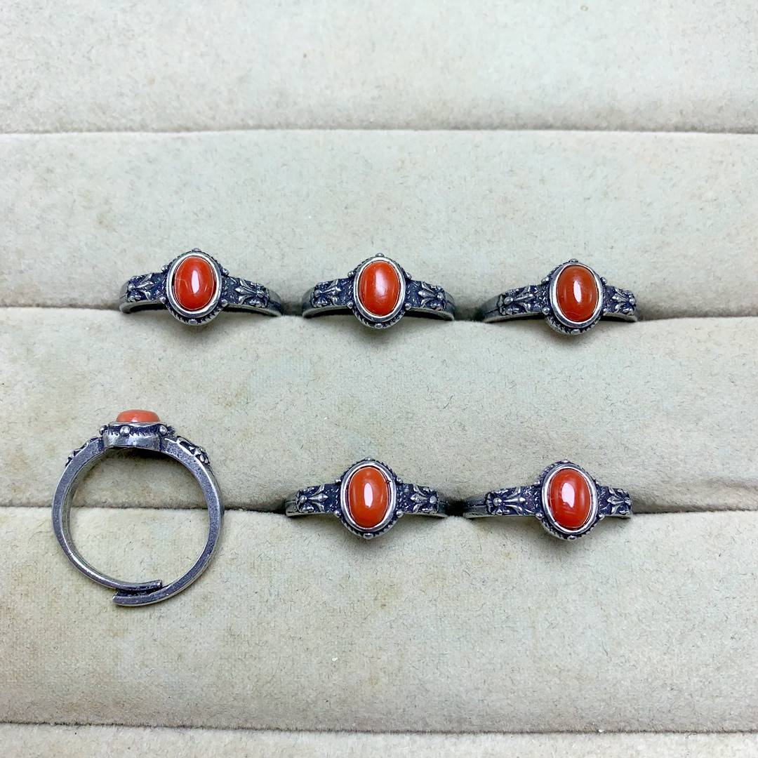 Natural Baoshan South Red Agate Ring Men and Women's Retro persimmons Red Simple Copper Too Live Fashion Jewelry