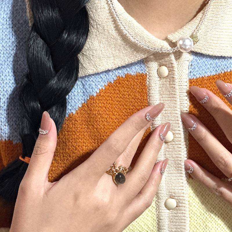 SASA, the same French niche retro literary palace wind bird nest inlaid moonlight long stone rings index finger ring woman