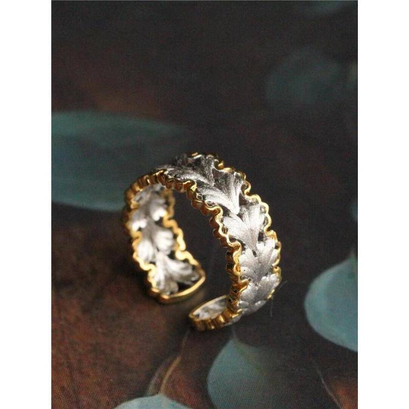 Italian imported weaving carved golden craftsmanship Ginkgo biloba opening rings ins niche design sense light luxury new model