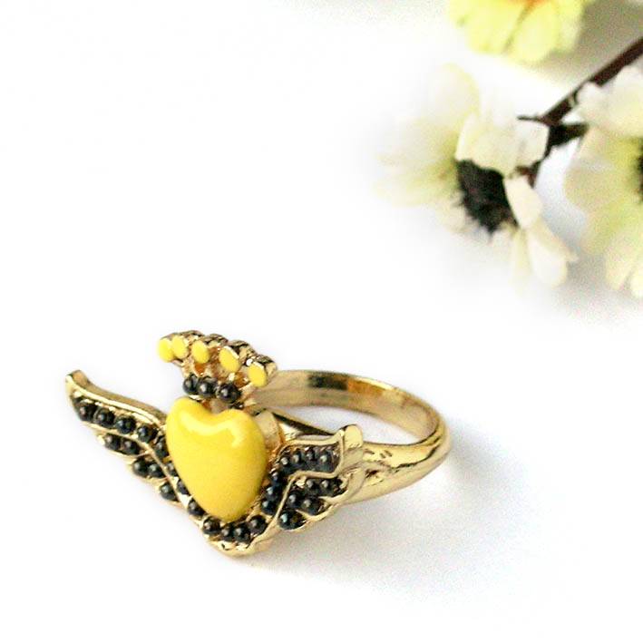 Original single chic and cute yellow crown peach heart wings ring/ring (special) internal ring can be fine -tuned