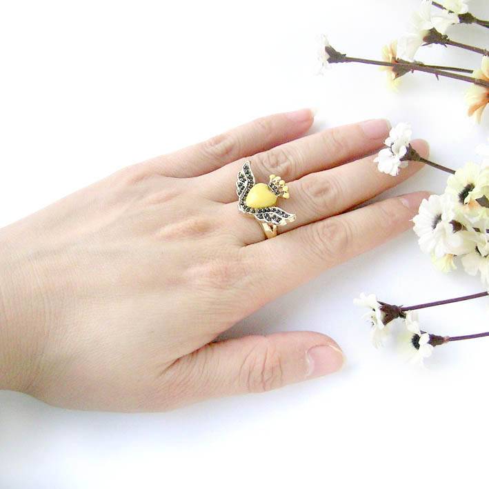 Original single chic and cute yellow crown peach heart wings ring/ring (special) internal ring can be fine -tuned