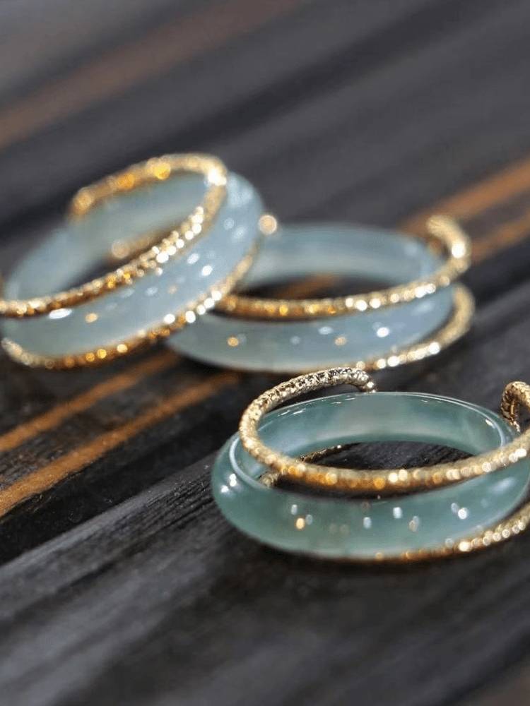 Gao Ding Emerald inlaid ring new rings Natural A, blue water, high ice, men and women couple jade ring, tail ring ring
