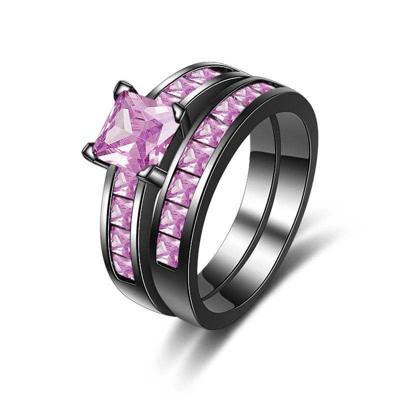 Young explosion jewelry European and American fashion double -layer rings female inlaid pink litholar plated black gold ring jewelry