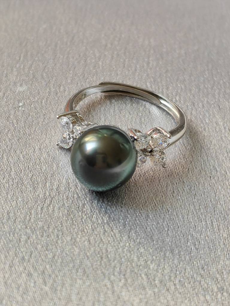 Leaming Black Oil Green Strong Light 10mm Natural Daxi Black Pearl Precision 925 Silver Ring Live Circle