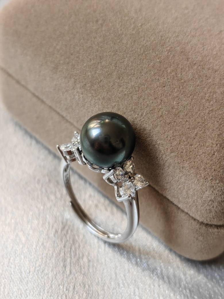 Leaming Black Oil Green Strong Light 10mm Natural Daxi Black Pearl Precision 925 Silver Ring Live Circle