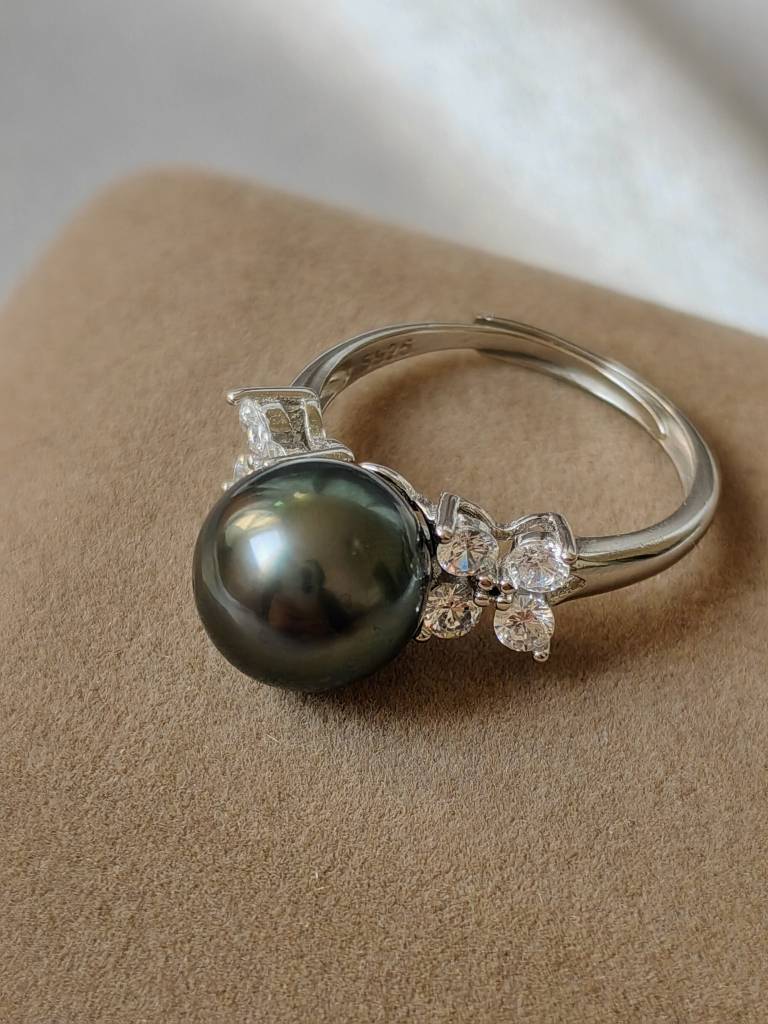 Leaming Black Oil Green Strong Light 10mm Natural Daxi Black Pearl Precision 925 Silver Ring Live Circle