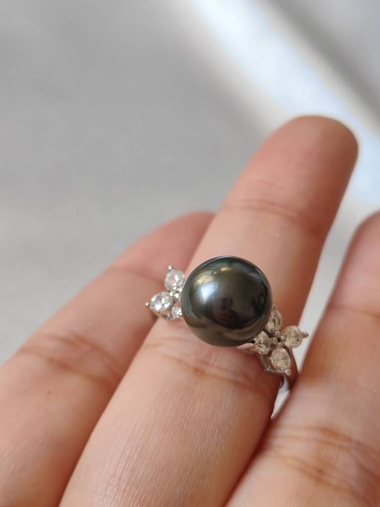 Leaming Black Oil Green Strong Light 10mm Natural Daxi Black Pearl Precision 925 Silver Ring Live Circle