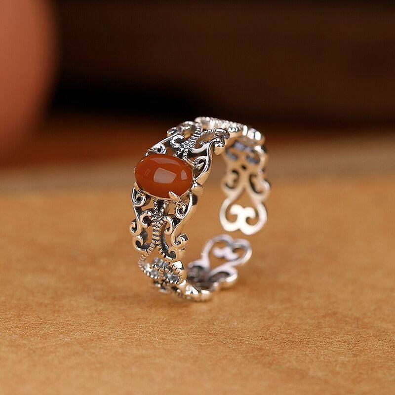Retro bright face Ruyi hollow egg noodle ring Chinese temperament versatile ring opening can adjust the inlaid sterling silver