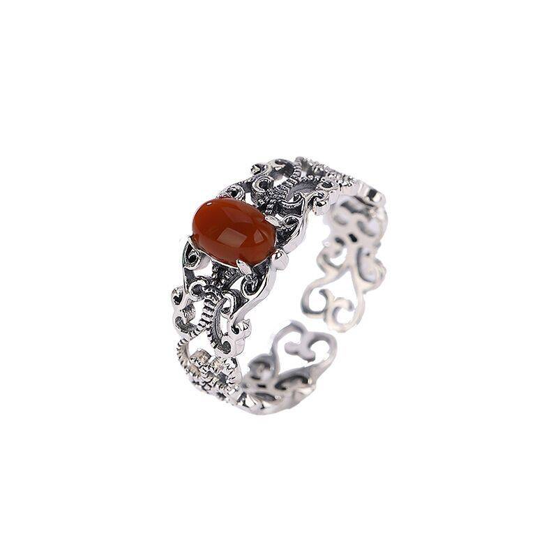 Retro bright face Ruyi hollow egg noodle ring Chinese temperament versatile ring opening can adjust the inlaid sterling silver