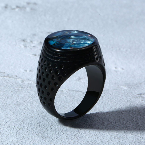 Export personality Western European round dark blue pattern shell ring male domineering retro royal house aristocracy handsome