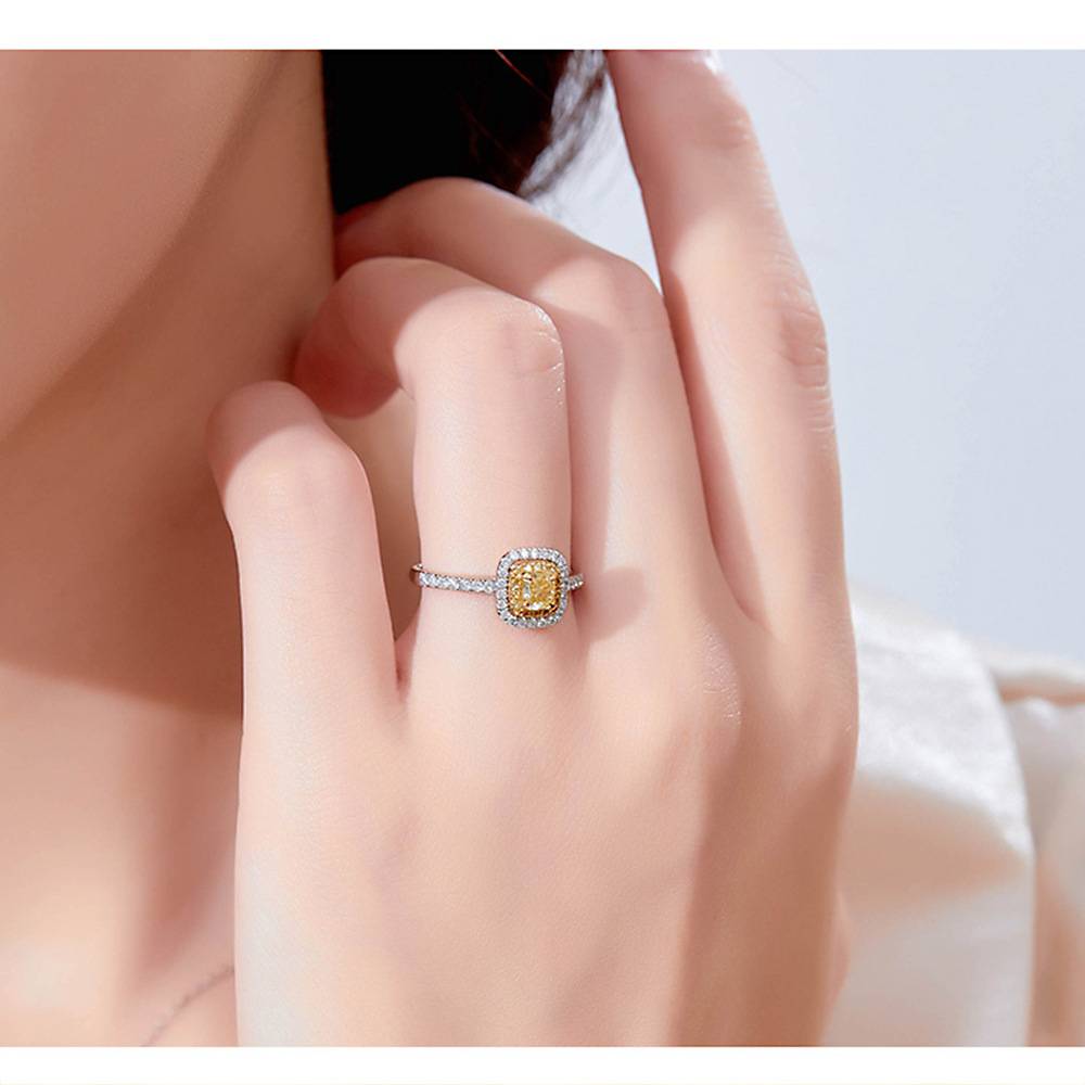 New 8*8 fat square yellow diamond high carbon diamond S925 Silver rings European and American cross -border platinum diamond rings female
