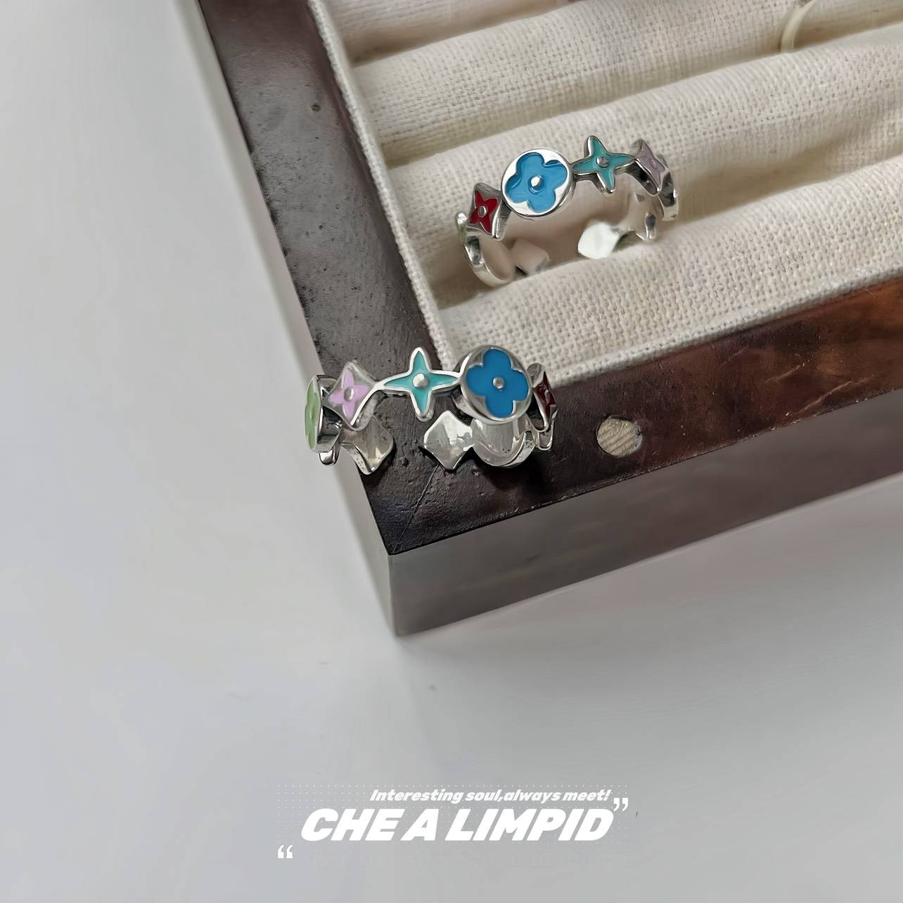 Chealimpid/. Classic old flowers color dripping oil light luxury retro men and women trend niche design opening ring