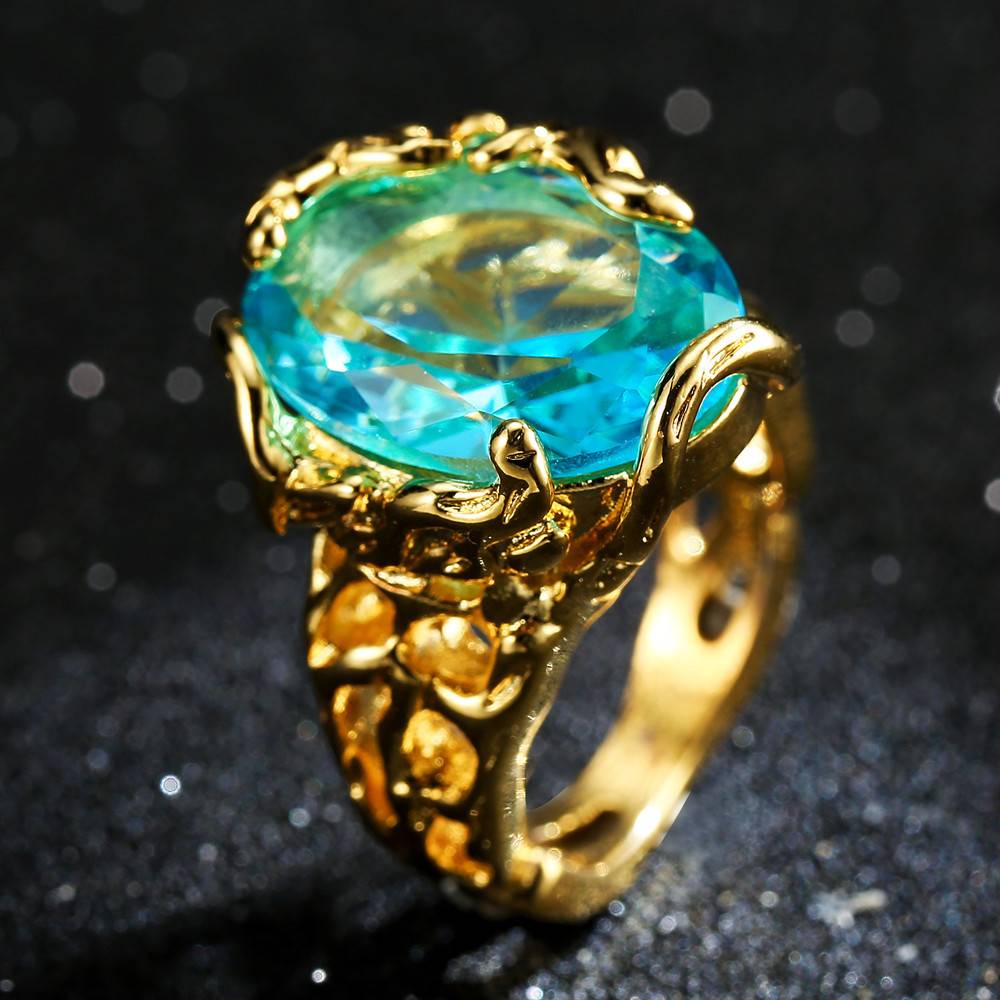 Wish hot selling jewelry plated 18K gold domineering European and American hollow ring blue crystal ring jewelry
