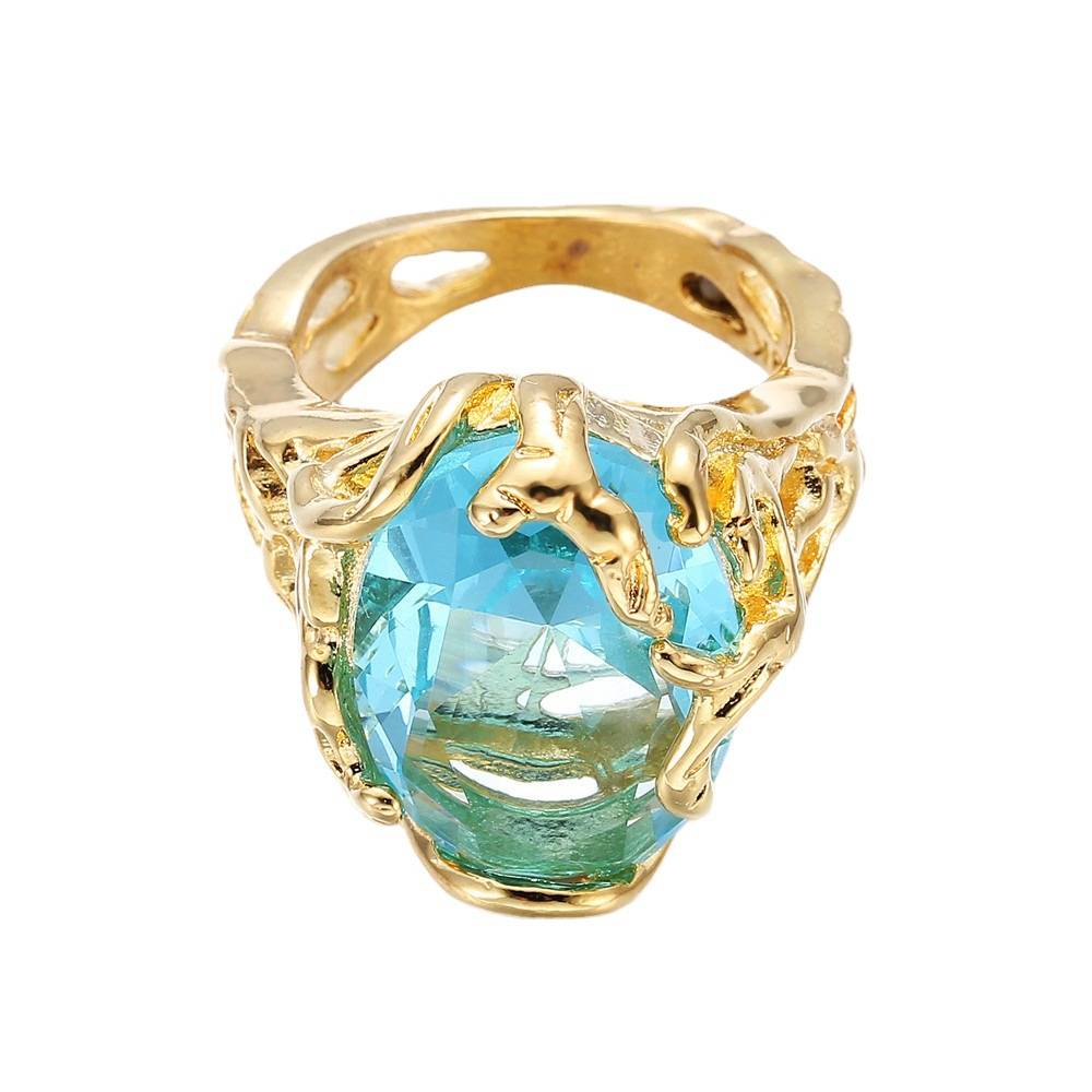 Wish hot selling jewelry plated 18K gold domineering European and American hollow ring blue crystal ring jewelry