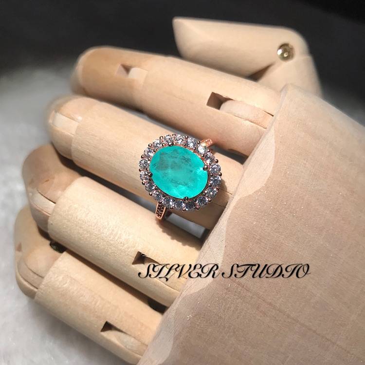 S925 silver -plated rose gold like real synthetic Paraba tourmaline palace Dai Fei ring female opening jewelry