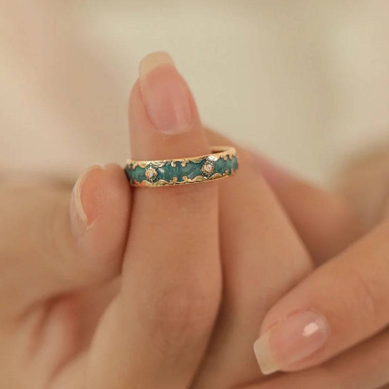 European and American style court light luxury enamel rings female peacock green vermiculite opening can adjust the niche sweet and fashionable hand accessories