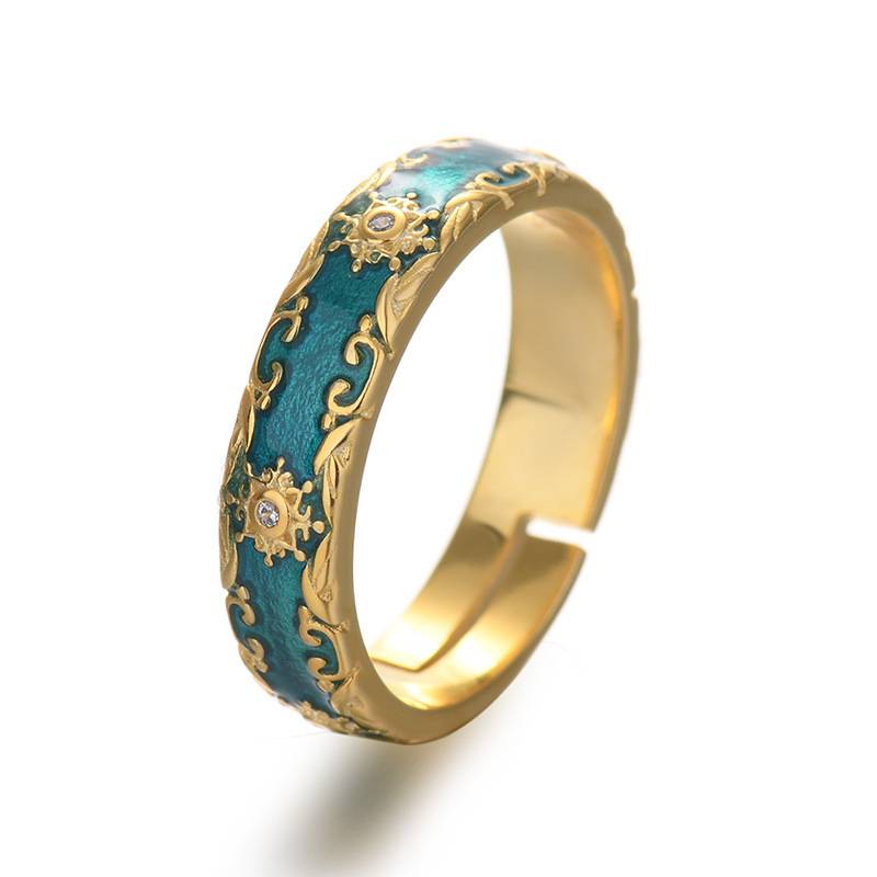 European and American style court light luxury enamel rings female peacock green vermiculite opening can adjust the niche sweet and fashionable hand accessories