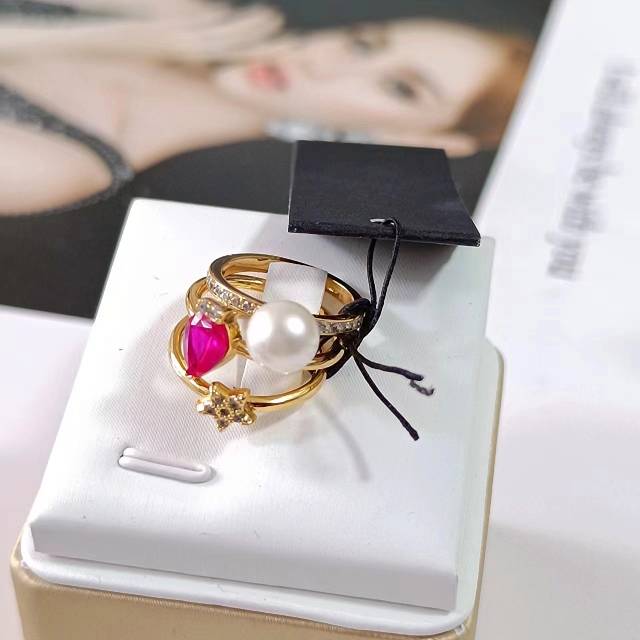 KS niche brand jewelry export balance Copper plating real gold plating embedded vermiculite pearl ring female three -piece female