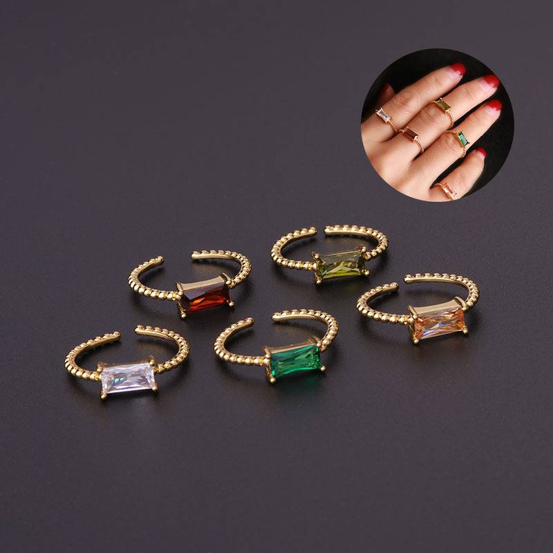 New European and American new popular geometric styling colorful square vermiculite ring can adjust the ring