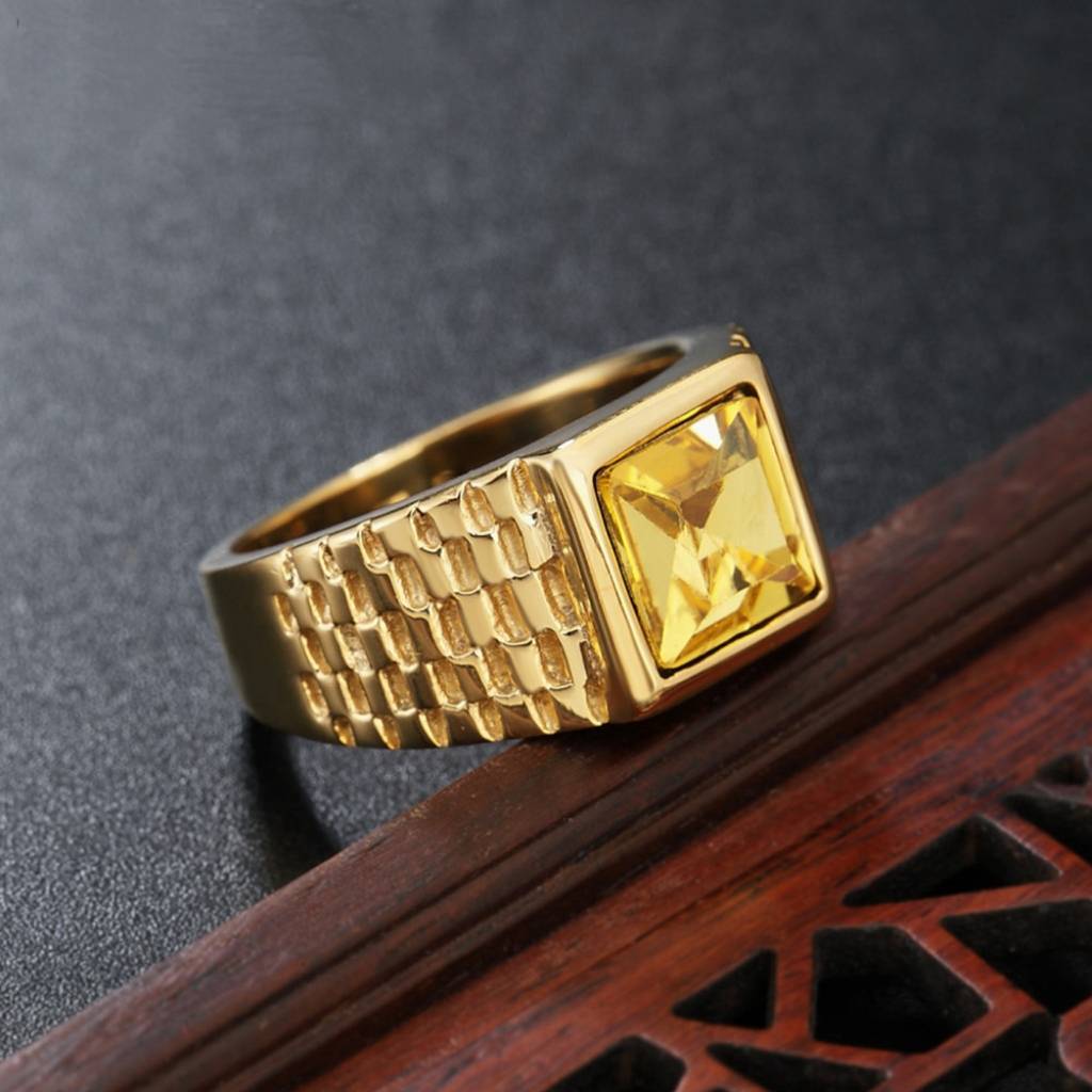 Titanium steel golden square gemstone Cuba ring men and women personalized European and American hip -hop retro fingerprint ring jewelry