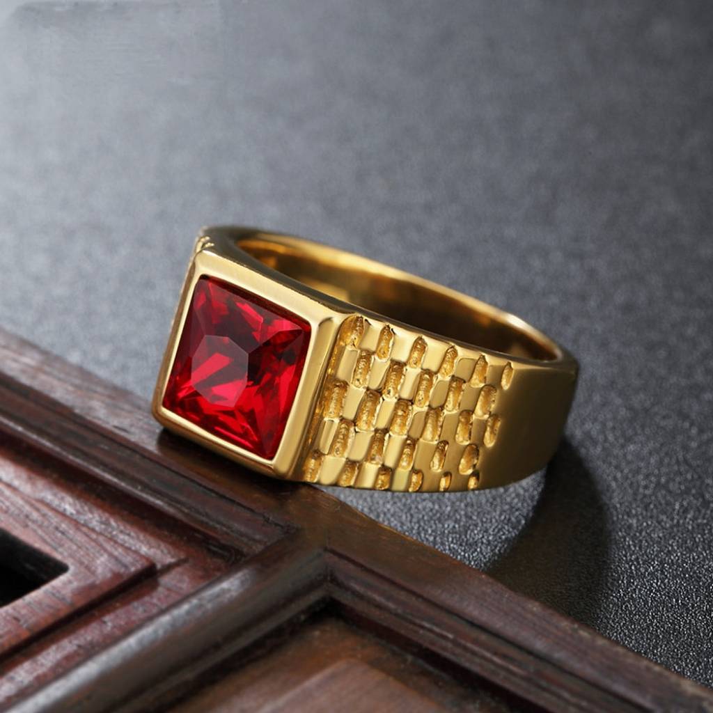 Titanium steel golden square gemstone Cuba ring men and women personalized European and American hip -hop retro fingerprint ring jewelry