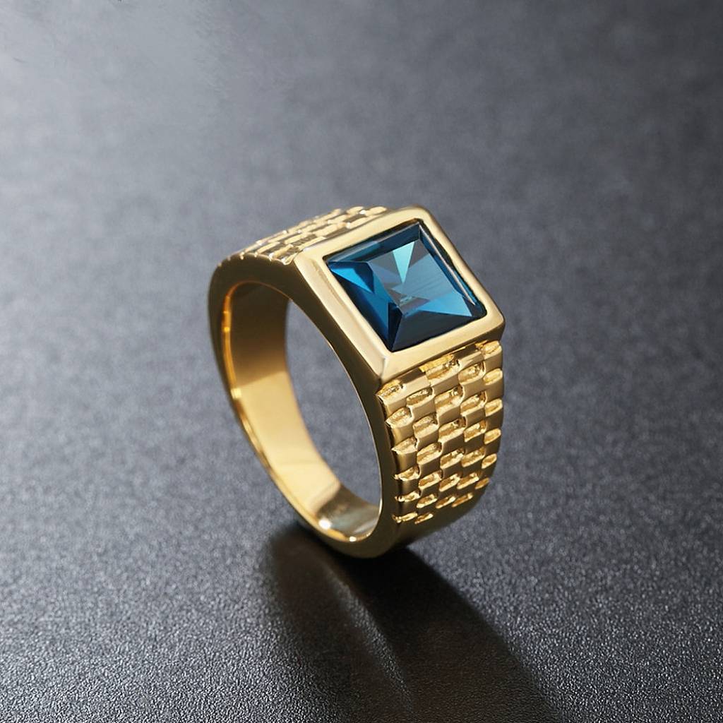 Titanium steel golden square gemstone Cuba ring men and women personalized European and American hip -hop retro fingerprint ring jewelry