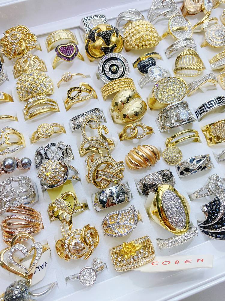 European and American style, fashion thick gold, color guarantee inlaid diamond rhotrite ring simple personality female finger finger ring jewelry
