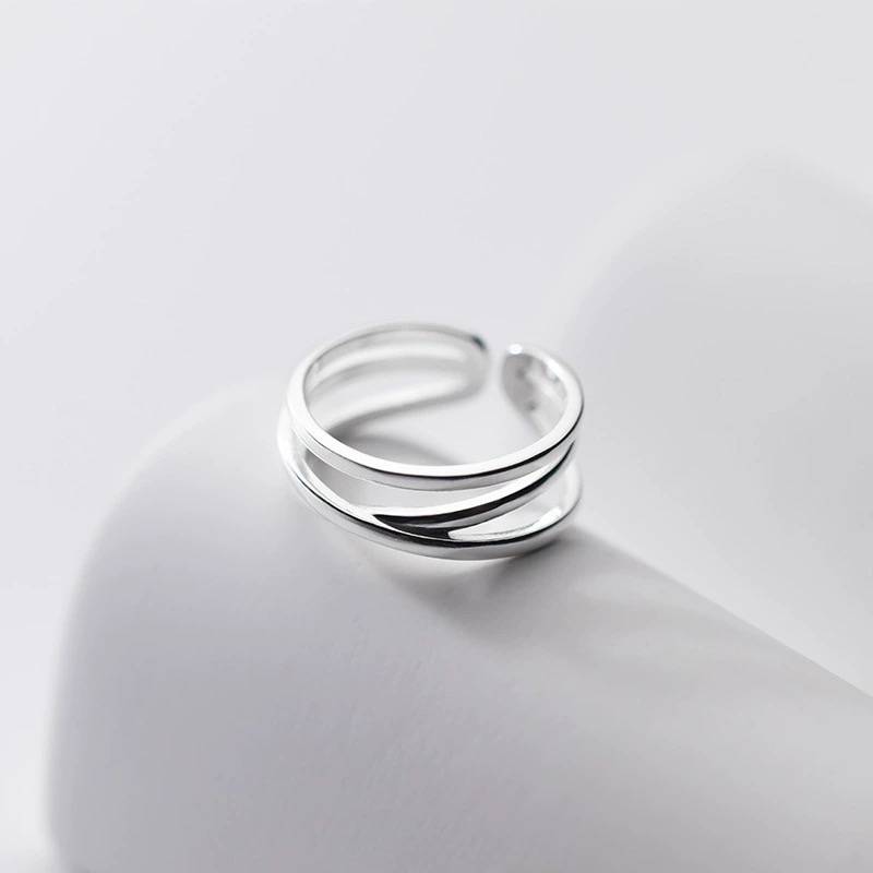 S925 Silver Rings Women's Simple Line Three -layer Cross -Light Metronal Temperature Time Small Open Open Adjustable Ring
