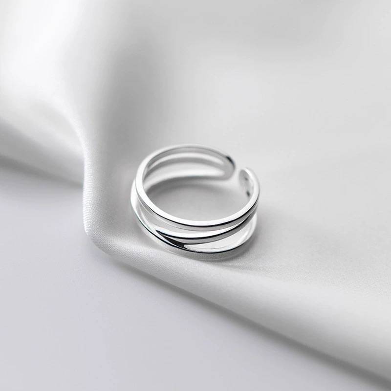 S925 Silver Rings Women's Simple Line Three -layer Cross -Light Metronal Temperature Time Small Open Open Adjustable Ring