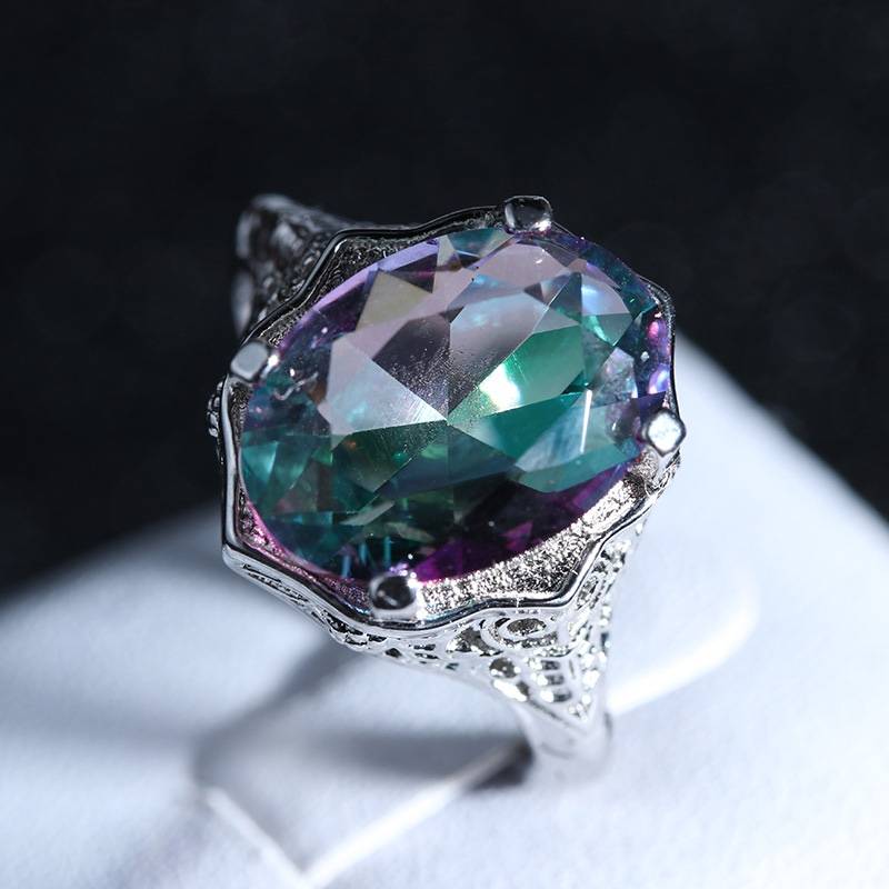 Speed Selling Cross -border Jewelry Colorful Round Stone Ring Wish European and American Classic Jewelry Ring Woman