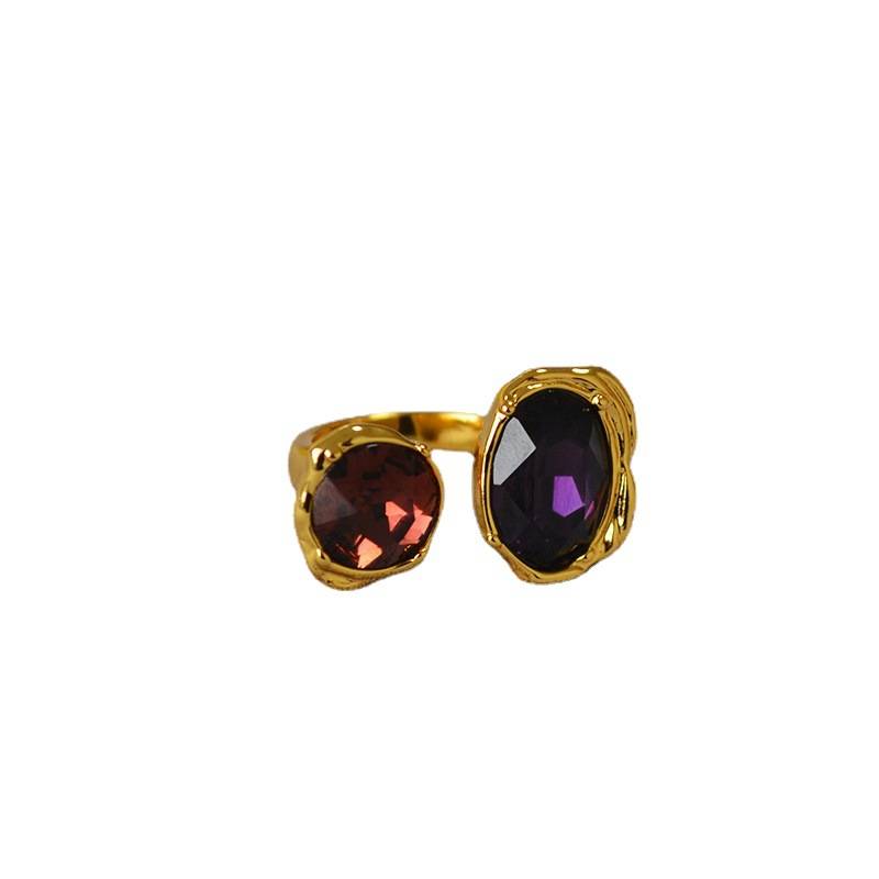 Fashion exaggerated niche personality retro mosaic embedded dark glass gemstone opening can adjust the ring, the finger finger ring woman