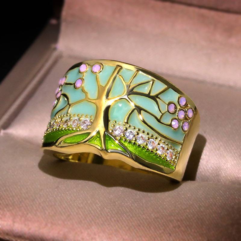 Ring Women's Creative New European and American Cross -Border Explosion Drops of Tree Flower Accessories Retro Ring Small Jewelry