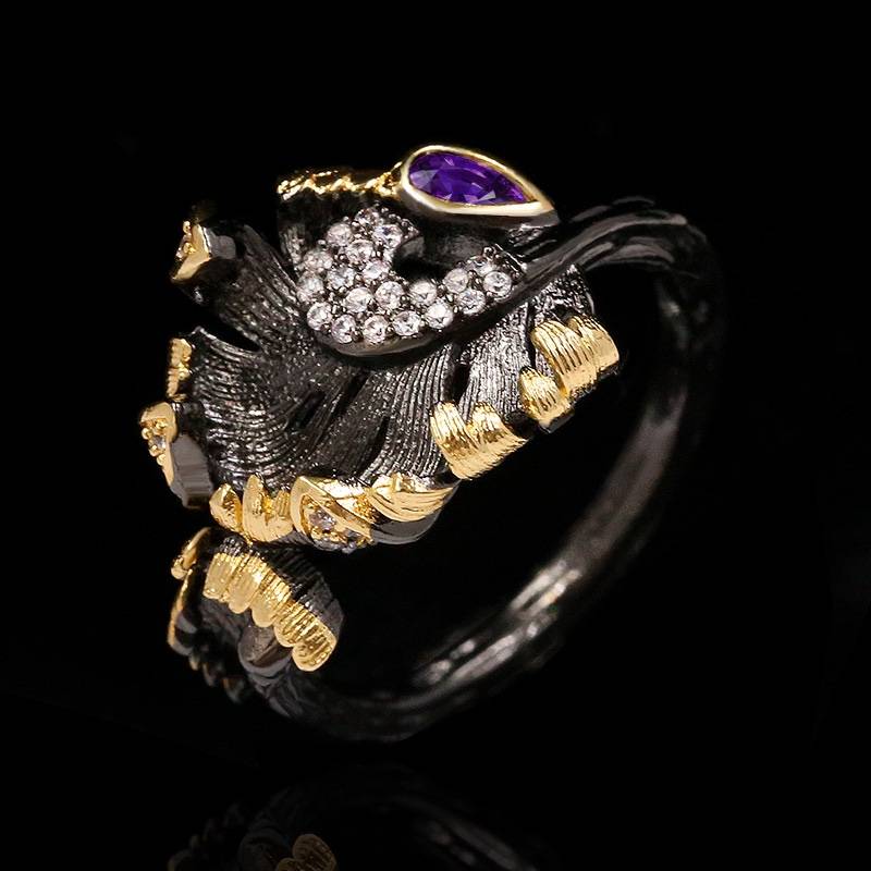 Speed ​​Tower Hot Sale of European and American Explosion Ring Female Black Gold Purple Polystone Equipment Retro Micro Micro Set Accessories