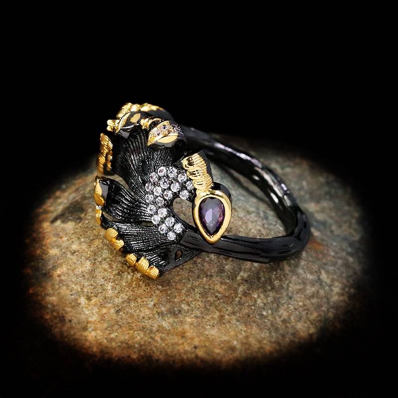 Speed Tower Hot Sale of European and American Explosion Ring Female Black Gold Purple Polystone Equipment Retro Micro Micro Set Accessories