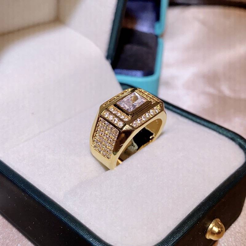 Cross -border new product electroplated golden rectangular drilling luxury large diamond ring men's ring luxury full drill men's model ring
