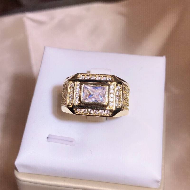 Cross -border new product electroplated golden rectangular drilling luxury large diamond ring men's ring luxury full drill men's model ring