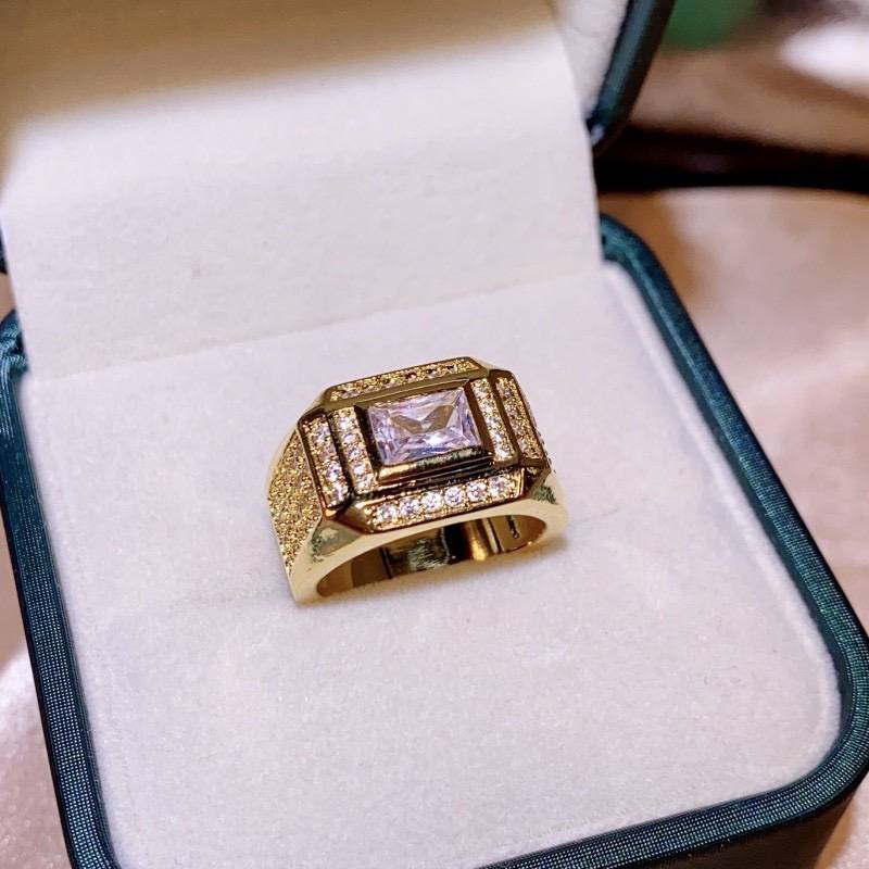 Cross -border new product electroplated golden rectangular drilling luxury large diamond ring men's ring luxury full drill men's model ring