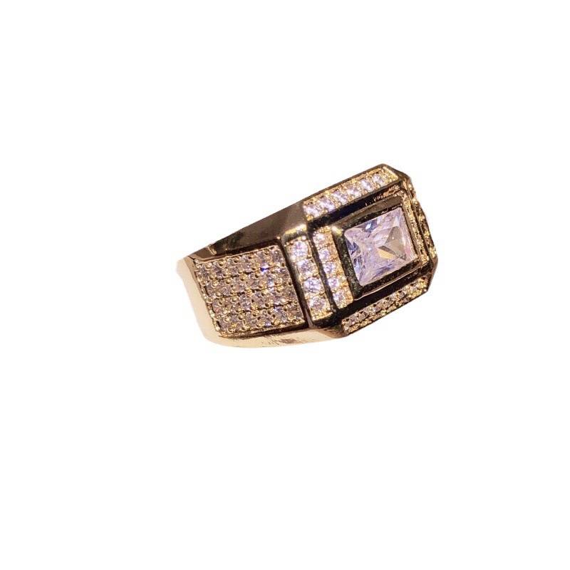 Cross -border new product electroplated golden rectangular drilling luxury large diamond ring men's ring luxury full drill men's model ring